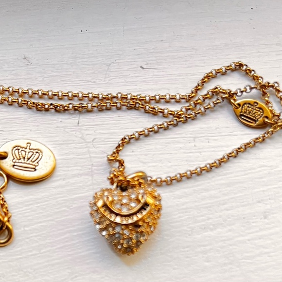 Juicy Couture Gold Heart Necklace Rhinestone Pendant Y2K - Picture 1 of 3